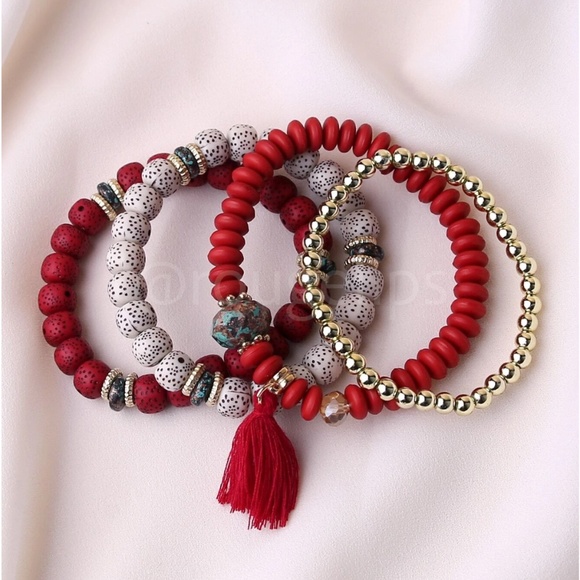 4 Pcs Multicolor Beaded Bracelet Tassel Charm Elastic Red, Gold, Cream - Picture 2 of 5